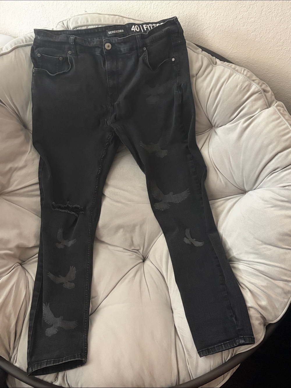 Slim Straight Black Jeans with Subtle Bird Print